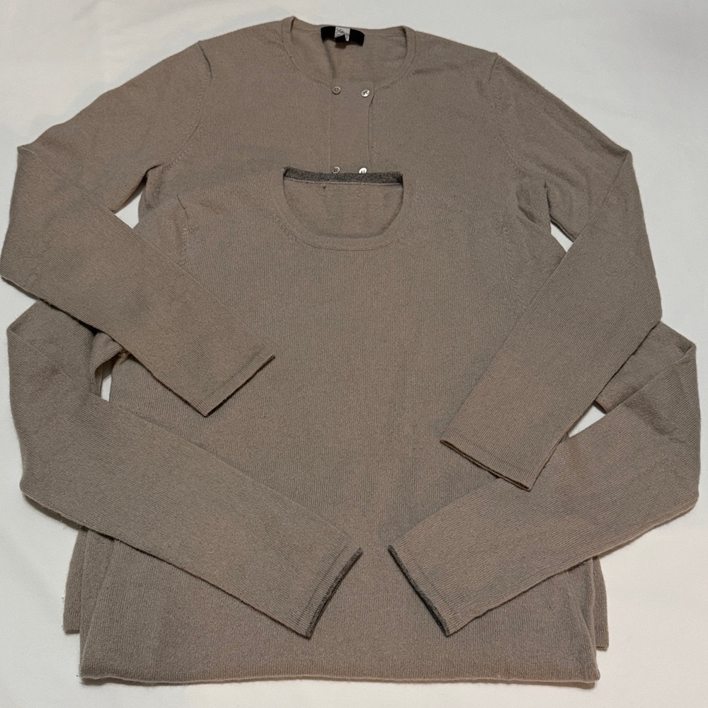 Saks Fifth Avenue 100% Cashmere Twin-set In Taupe Sweater & Cardigan Size M
